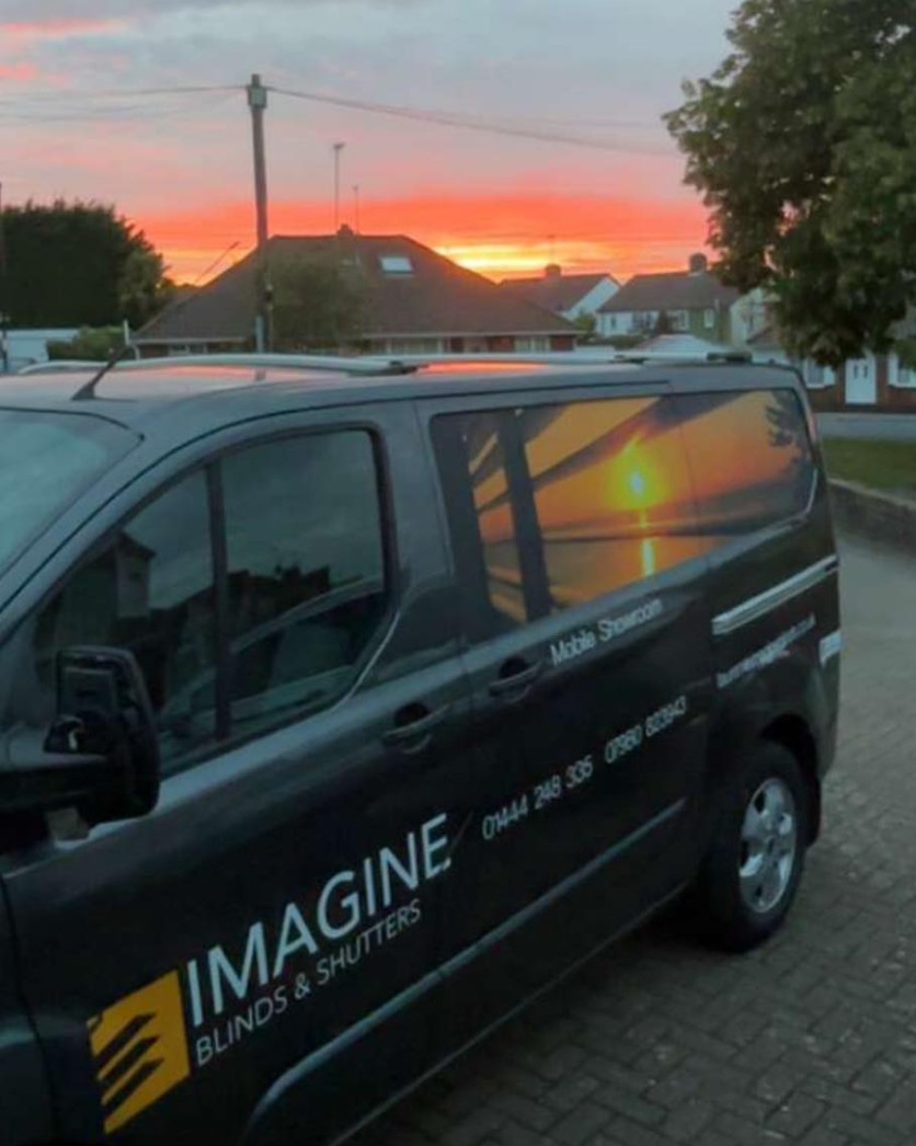 The Imagine Blinds & Shutters mobile showroom van at sunset